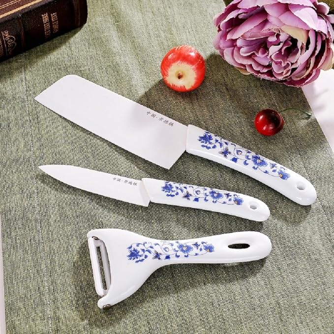 景烨 景德镇陶瓷刀具3件套配礼盒 陶瓷礼品套装 (青花缠枝莲)